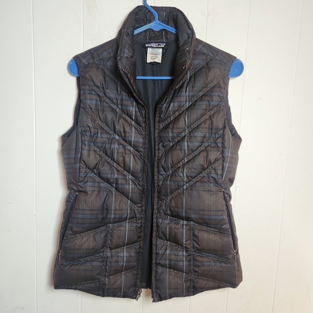 Patagonia Brown Black Plaid Down With It Puffer Vest Size Small Goose Down